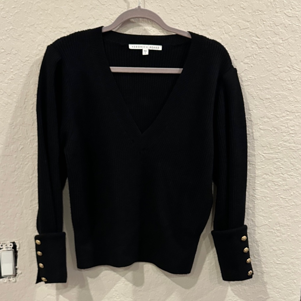 Veronica Beard Black V-Neck Ribbed Sweater with Gold Buttons size XL